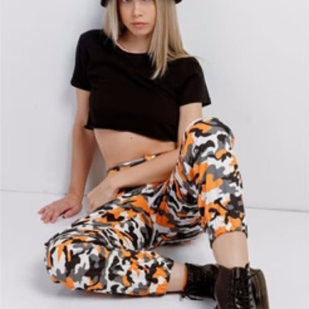 Orange Black White Camouflage High Waisted Cargo Pants Cropped S
